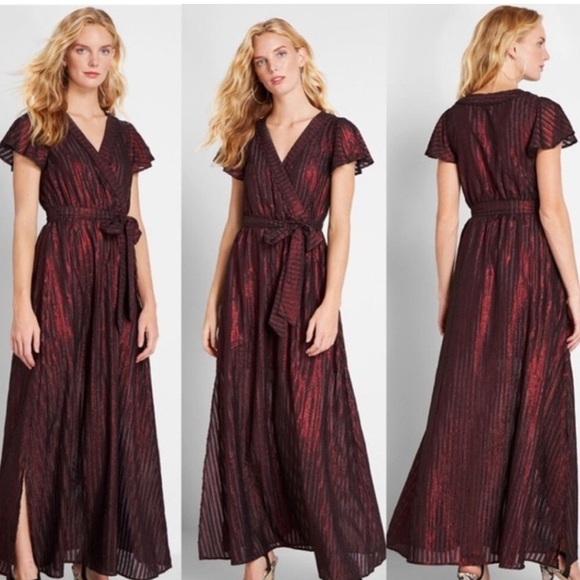 Modcloth Your Time to Shine Metallic Red Black Maxi Dress Size XL floral short - Picture 7 of 7